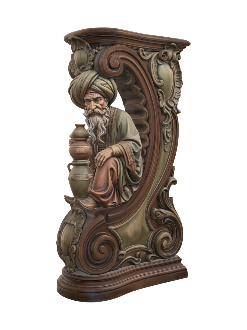 Transform a comical elderly pottery merchant with oversized turban, magnificent curled… 3D model, vytvořený pomocí AI