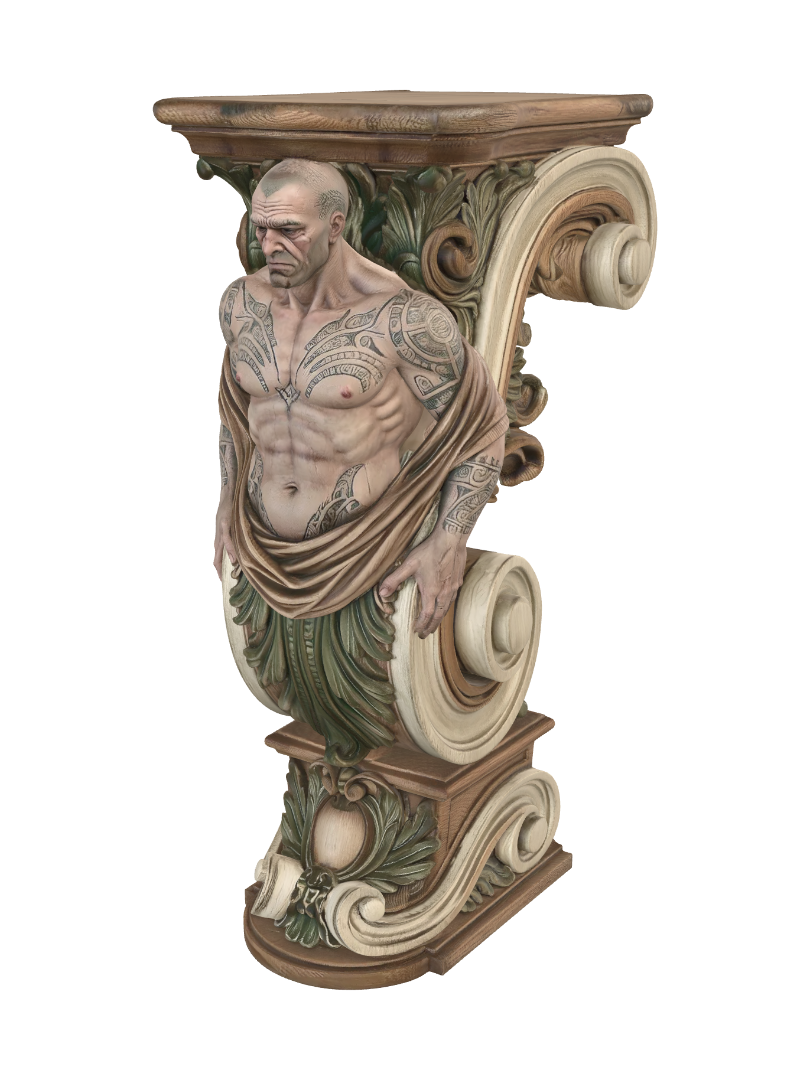 Transform a scarred tattooed strongman with classical physique into a hyper-realistic wooden… 3D model, vytvořený pomocí AI