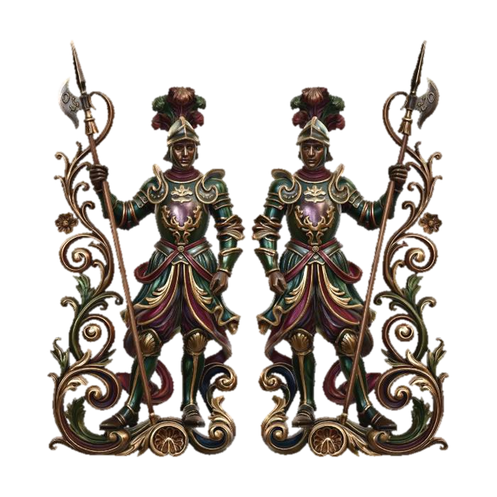 3D model for Hyper-realistic wooden carved Rococo–Art Nouveau statue of two disciplined guards holding halberds, posed in mirrored symmetry.
Halberds transform into long elegant S-curved structural elements.
Uniform folds become flowing ornamental ribbons and rocaille shells.
Military insignia abstract into decorative cartouches.
Material:polished hardwood.Polychrome:deep colourful rich tones