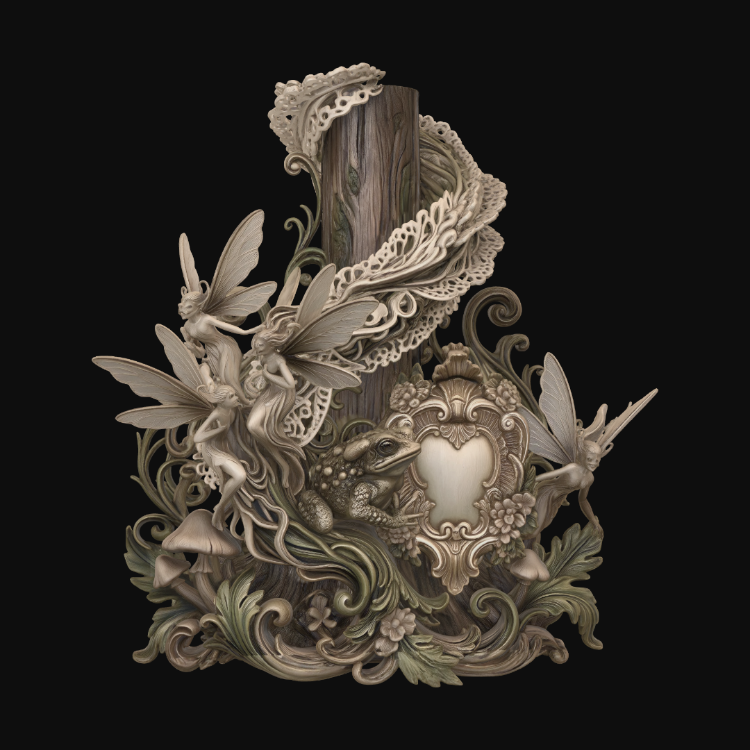 «Hyper-realistic wooden carved Rococo–Art Nouveau undead fairy tableau ...