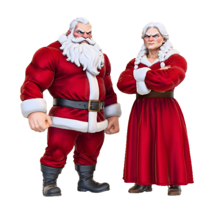 3D model for Santa with mrs clause, both massive and muscular and scary, blank background
