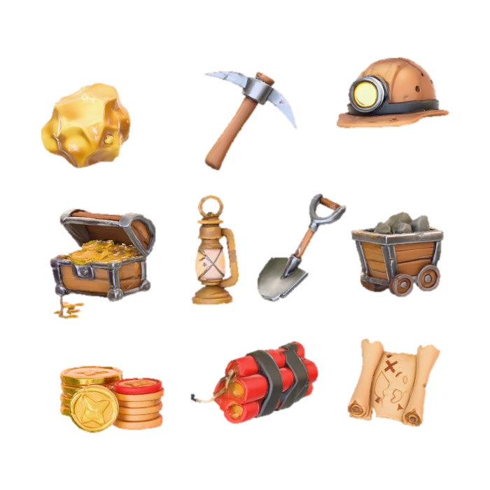 A set of igaming slot symbols, themed as gold rush theme, blank background,… 3D model, vytvořený pomocí AI