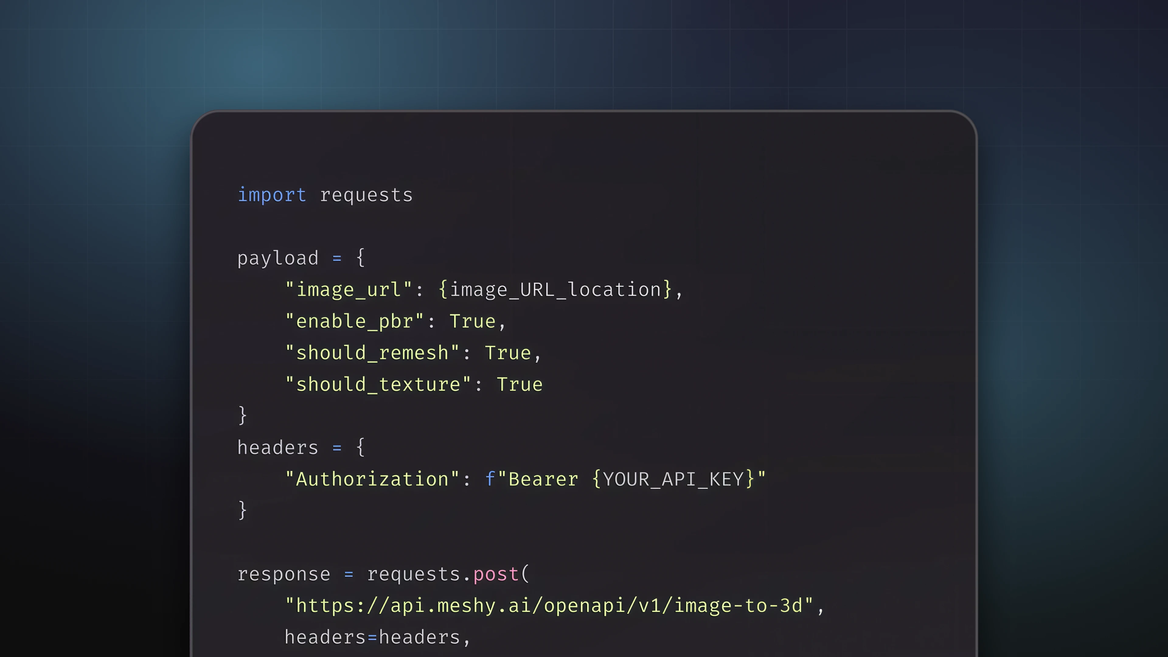 Python code example calling the Meshy Image to 3D API