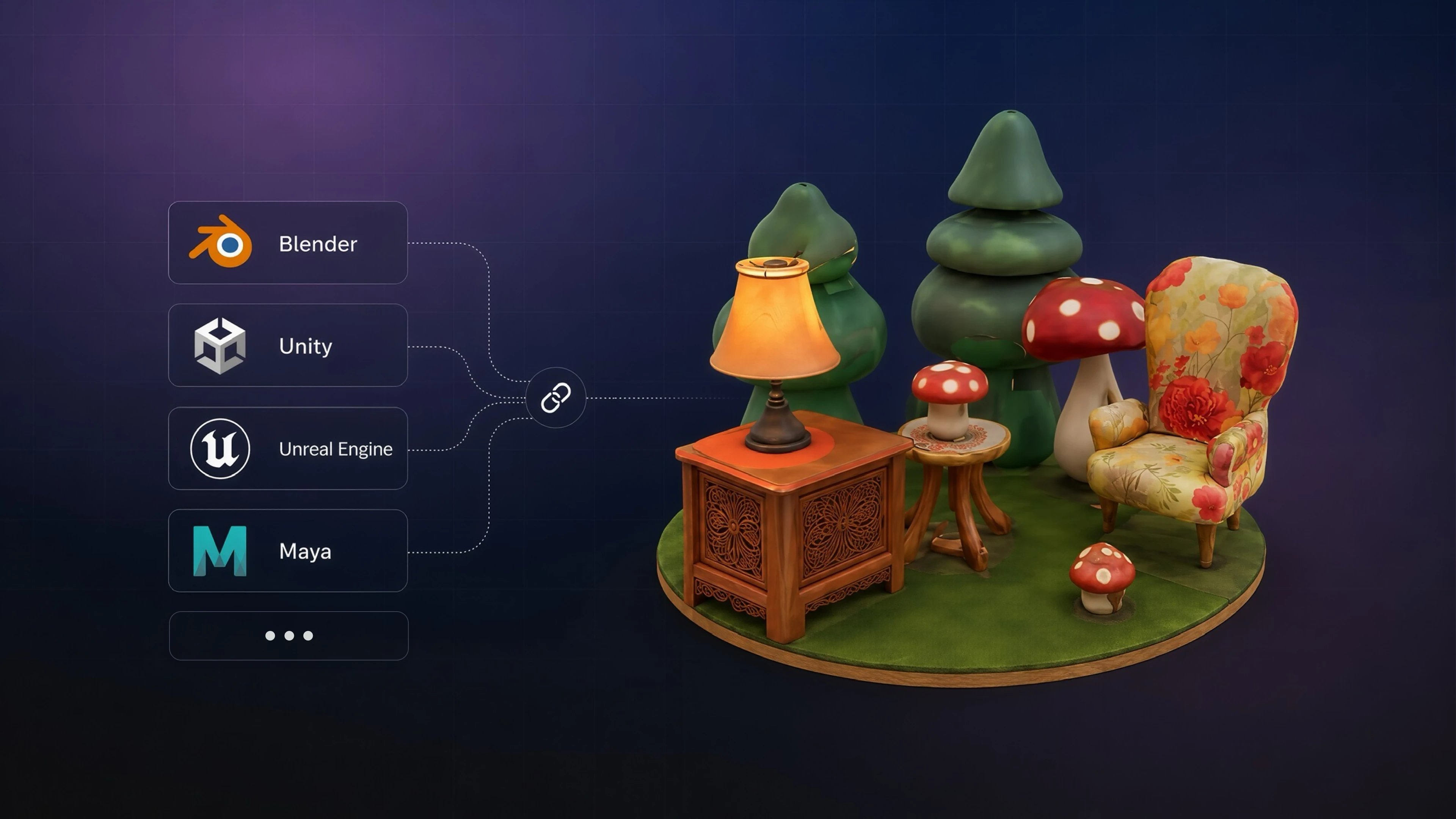 Meshy connects to Blender, Unity, Unreal Engine, and Maya