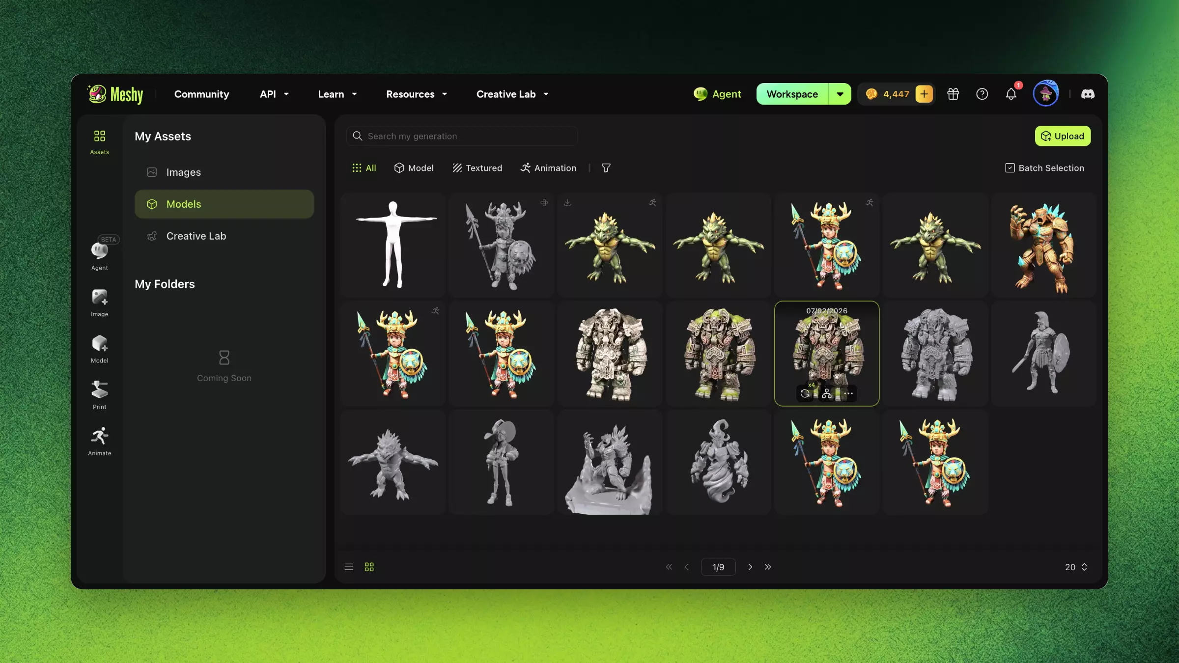 Meshy My Assets view: browse and filter models by type, texture, and animation status, with batch selection and upload