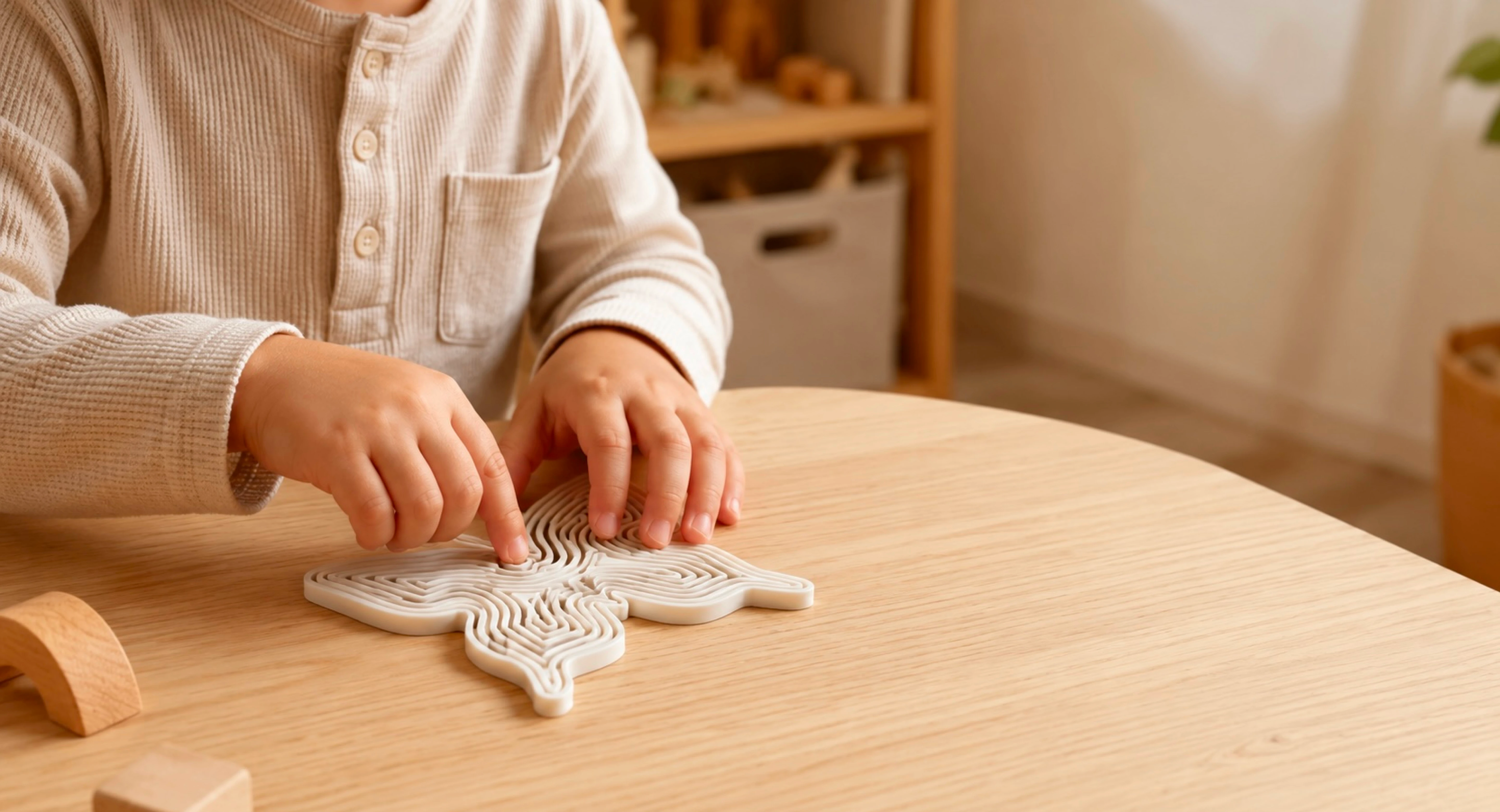Un bambino che schiaccia un giocattolo sensoriale pieghevole su un tavolo da gioco.